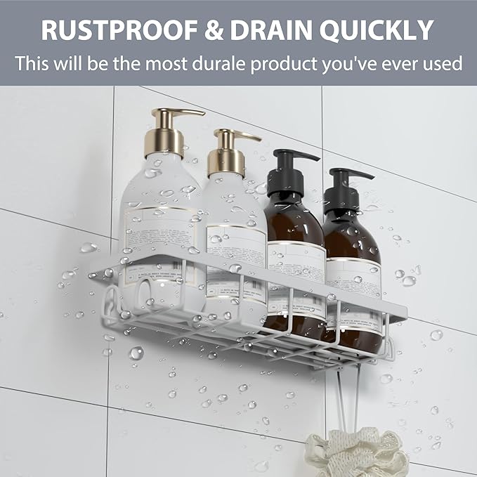 Shower Caddy Organizer with Hooks,Self Adhesive Bathroom Shelves,No Drilling Bathroom Organizers and Storage,Perfect for RV, Apartment, Home Decor,2 Pack White
