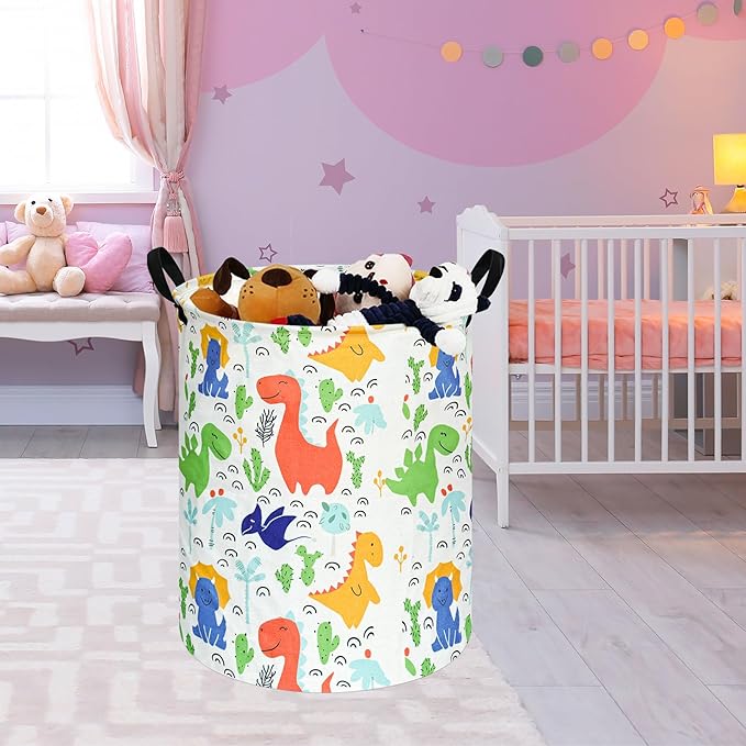 Kids Laundry Hamper Clothes Gift Basket Storage Laundry Baskets Organizer Bin with Handles for Nursery Room (Baby Dino)