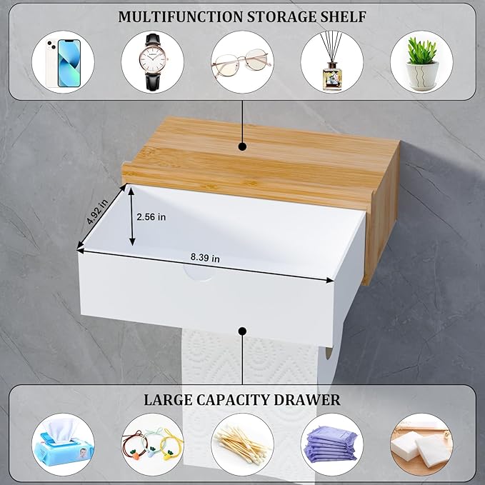 Domax Toilet Paper Holder with Shelf,Wall Mount/Adhesive Bathroom Toilet Paper Holder,Bamboo Wood Tissue Toilet Roll Holder with Storage Drawer for Organizer Wipes,Fits Any Room, Bamboo+White, Large