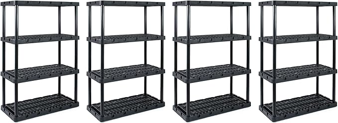 Gracious Living 4 Pack Heavy-Duty Storage Shelves, Knect-A-Shelf 4-Shelf Ventilated Storage Shelving Rack for Home Organization, Black