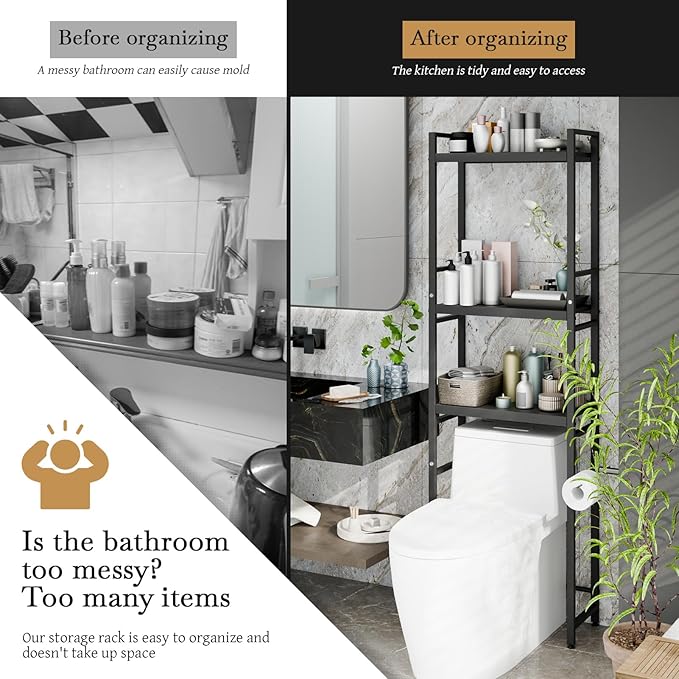 1 Set Over The Toilet Storage, 3-Tier Bathroom Laundry Storage Rack Space-Saving Organizer Household Supplies (Black-S)