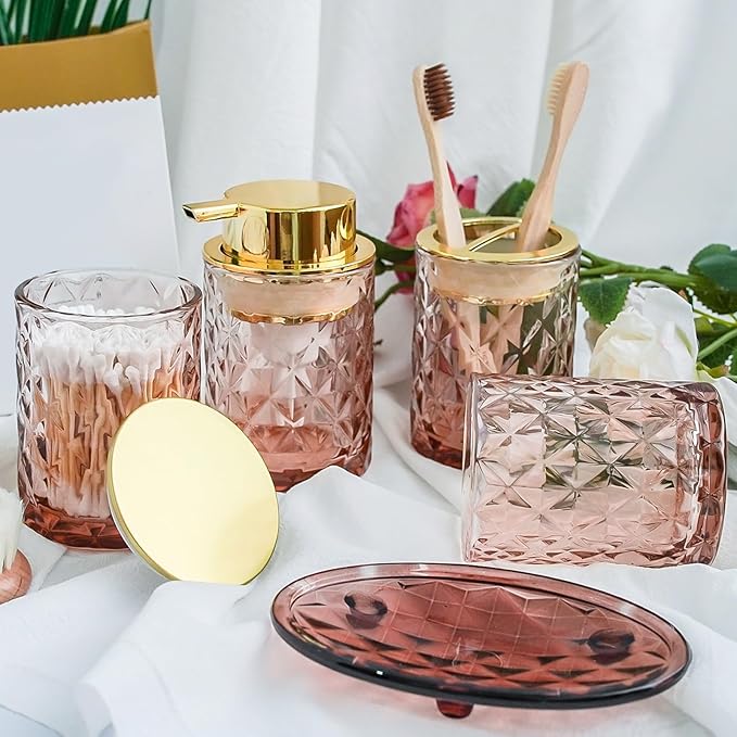 Brown Glass Bathroom Accessories Set with Shower Curtain and Liner, 7-Piece Bathroom Decor Set, Soap Dispenser, Toothbrush Holder, Soap Dish, Vanity Tray, Complete Bathroom Makeover Set