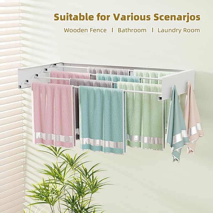 Wall Mounted Drying Rack 23.6'', Foldable Laundry Drying Rack Wall Mount with 4 Towel Hooks and 4 Rods, Space Saving Drying Rack Clothing for Indoor Outdoor Bathroom Balcony (White, 23.6'')