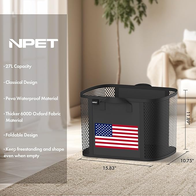 NPET 27L Laundry Basket Collapsible Laundry Hamper with PEVA Waterproof Material Clothes Bag Storage Basket Bin for Laundry,Bedroom and Domitory
