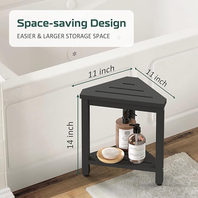Shower Foot Rest 14in, HDPE Waterproof Shower Stool for Inside Shower, Corner Shower Stool for Shaving Legs with Storage Shelf, Shower Step Stool for Small Space, Plastic Corner Shower Bench, Black