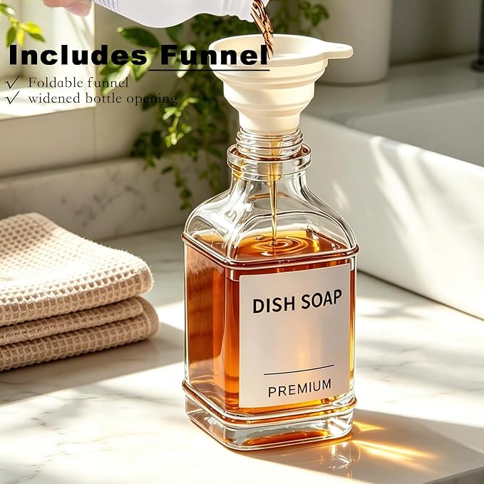Dish Soap Dispenser for Kitchen, Hand Glass Soap Dispenser Set with Pump, Funnel for Bathroom, Shower, Laundry, Liquid, Lotion (Gold 2 Pack 18 Oz Clear Bottles with 12 Stickers)