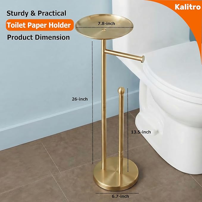 Kalitro Toilet Paper Holder Freestanding with Big Shelf, 4 Rolls Reserve Paper Holder Stand, Modern Paper Roll Holder with Storage Space for Phones (Gold)