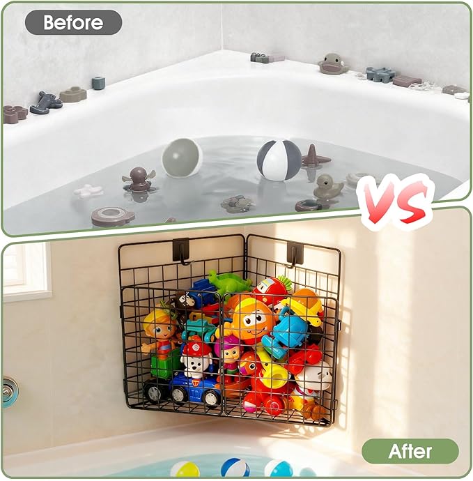 Greentainer Corner Bath Toy Storage Organizer, Large Rustproof Metal Wire Basket, Foldable Wall Mounted Hanging Bathtub Toy Holder with Drainage, No Drilling Adhesive Shower Caddy for Bathroom Tub