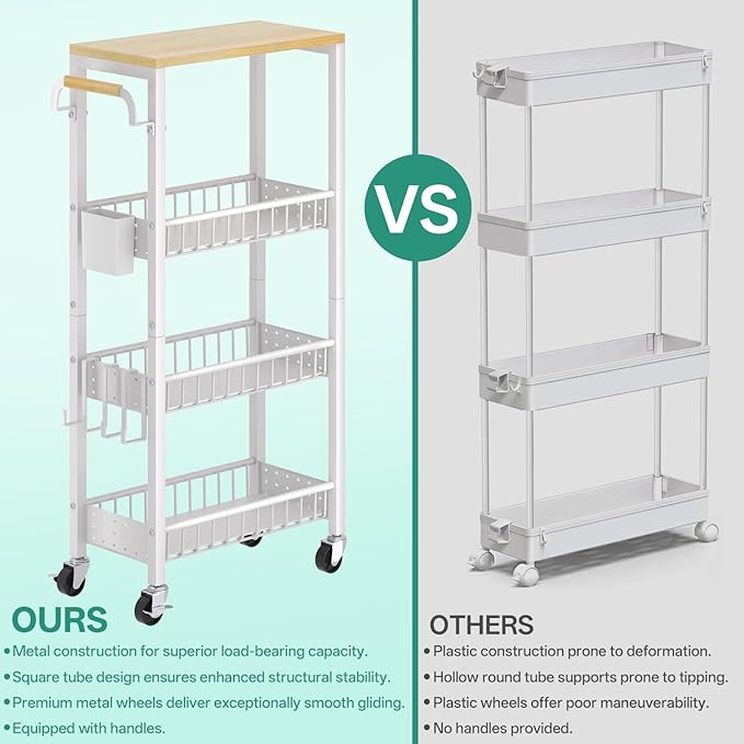DTUQYX Slim Rolling Storage Cart, 4 Tier Small Organizer Cart with Wheels, Metal Utility Shelf Kitchen Bathroom Laundry Room Organization Trolley with Handle for Narrow Space (9.1" Overall Width)