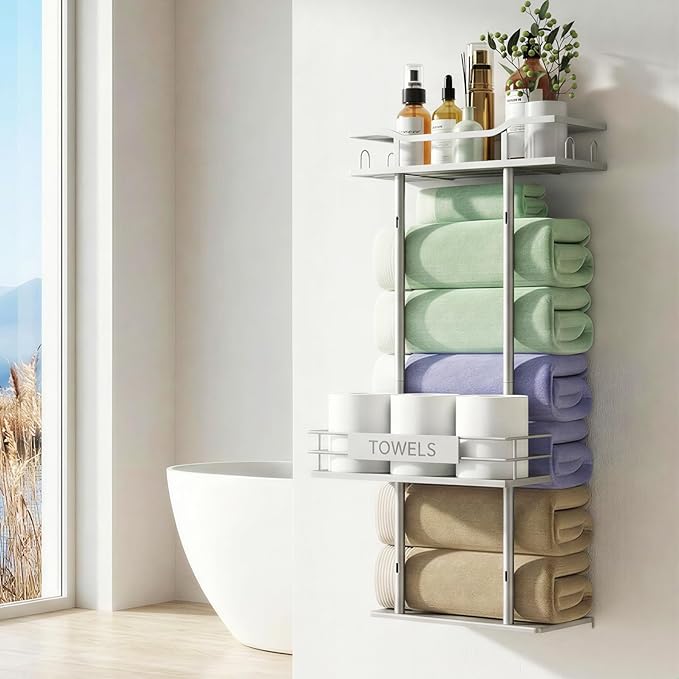 Towel Racks for Bathroom, 30inch Wall Mounted Towel Rack, Towel Storage for Small Bathroom Can Holds 6 Large Towels, Floating Shelf with Adjustable Tissue Basket(Sliver).