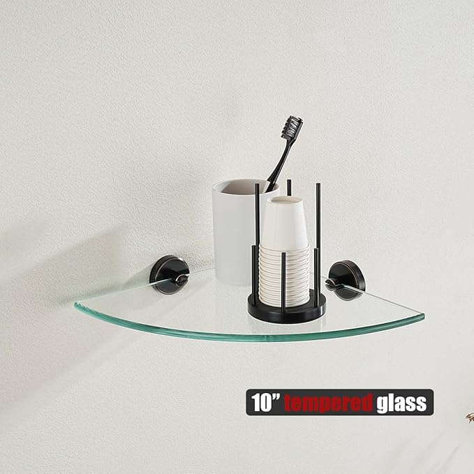 JQK Corner Glass Shelf, Oil Rubbed Bronze Bathroom 304 Stainless Steel Shower Triangle Floating Wall Shelf, 10 x 10 Tempered Glass, 3 Pack, TGS190L10-ORB-P3