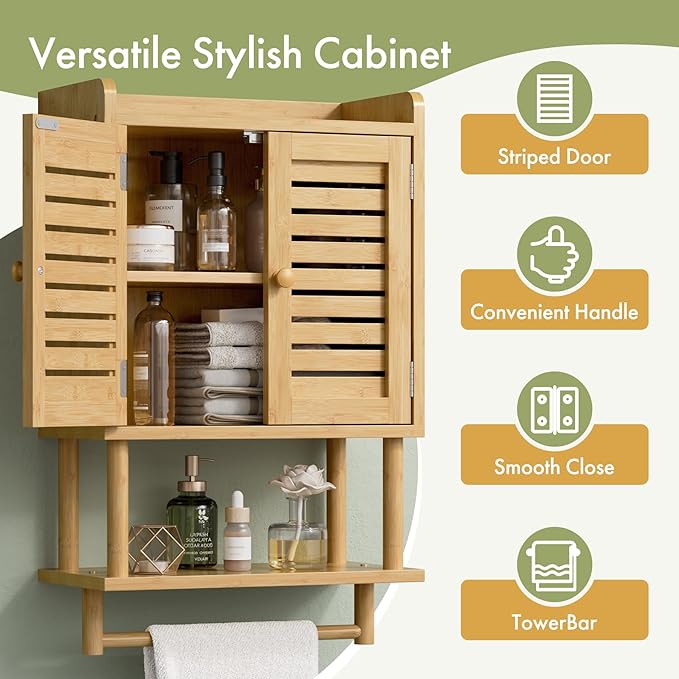 AmazerBath Bathroom Wall Cabinet, Bamboo Over The Toilet Storage Cabinet, Hanging Medicine Cabinets with Towel Bar, Wall Mounted Storage Shelf with Adjustable Shelves for Small Spaces