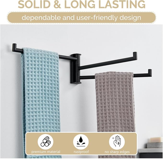 Angle Simple Swivel Hand Towel Holder, SUS 304 Stainless Steel Foldable 3 Towel Bars for Bathroom, Matte Black