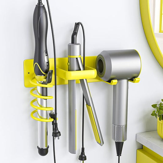 Tindbea Hair Dryer Holder Curling Iron Holder Flat Iron, Blow Dryer Holder Wall Mount, 3 in 1 Bathroom Hair Tool Organizer Rack for Universal Dryer, Bright Yellow
