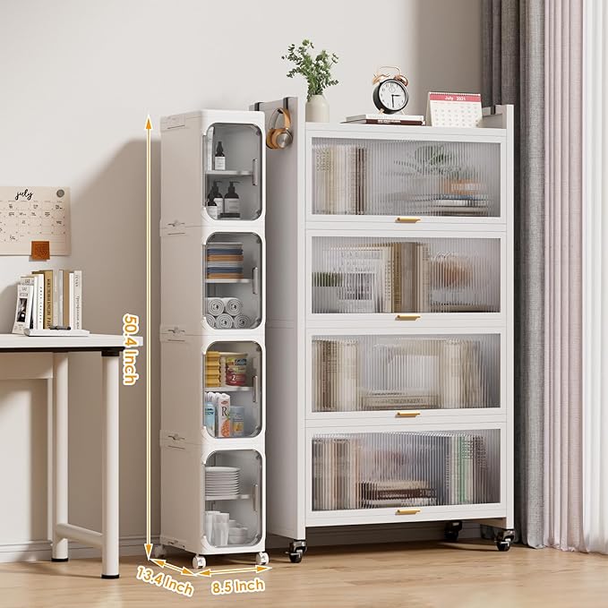 HIYOHIYO 4-Tier Tall Narrow Bathroom Storage Cabinet with Movable and Locking Wheel Design, Slim Storage Cabinet with Adjustable Shelves for Small Space and Kitchen Narrow Spaces, White (Width 8.5")
