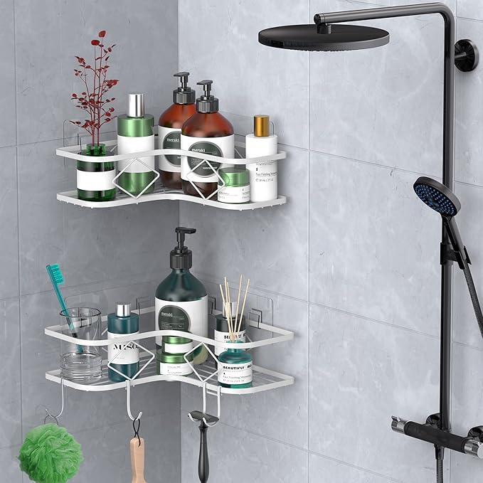 Large Corner Shower Caddy Shelf, 2 Pack Adhesive Bathroom Shower Organizer Shelves, No Drilling Rustproof Wall Mounted Shower Storage Basket Shampoo Holder Organizer (White)