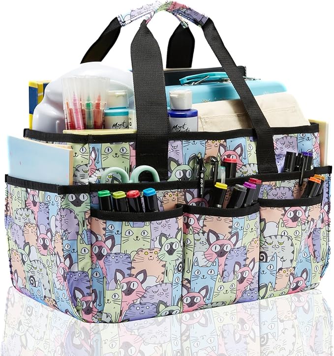 Craft Organizer Tote Bag, Art Organizer, Craft Caddy with Multiple Pockets, Storage Bag for Sewing Tools, Art Supplies, Home and Office (Cat Print)