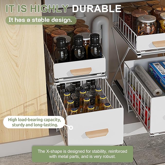 2 Tier Pull Out Pull out Cabinet Organizer with Adjustable Height, Under Sink Organizer, Slide out Pantry Shelves Drawer Storage for Kitchen Organization (White, 2 Tier)