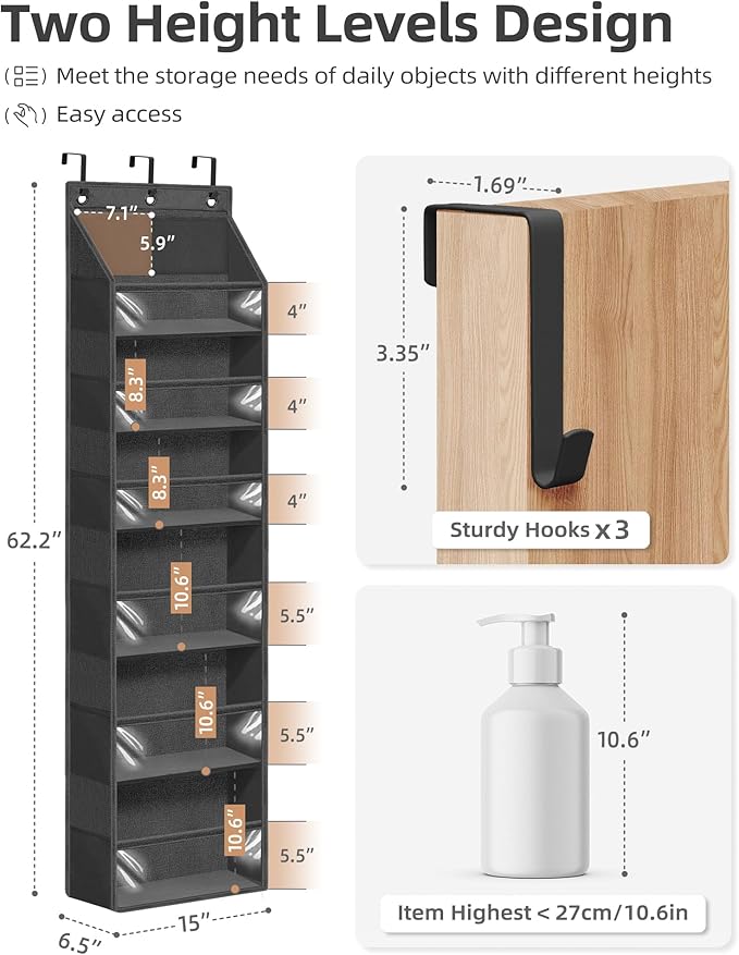 STORAGE MANIAC Over the Door Organizer Large Capacity Hanging Organizer, Clear Deep Pockets Behind Door Closet Organizer and Storage for Nursery, Bathroom, Bedroom, Pantry, 1 Pack Black