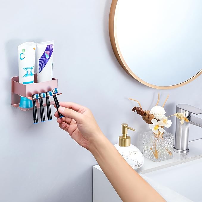 Toothbrush Head Holders, Electric Tooth Brush Head Holder, Adhesive Toothpaste Holder for Shower Bathrooms, Wall Mounted Tooth Brushing Holder Organizer Storage (Rose Gold, Small)