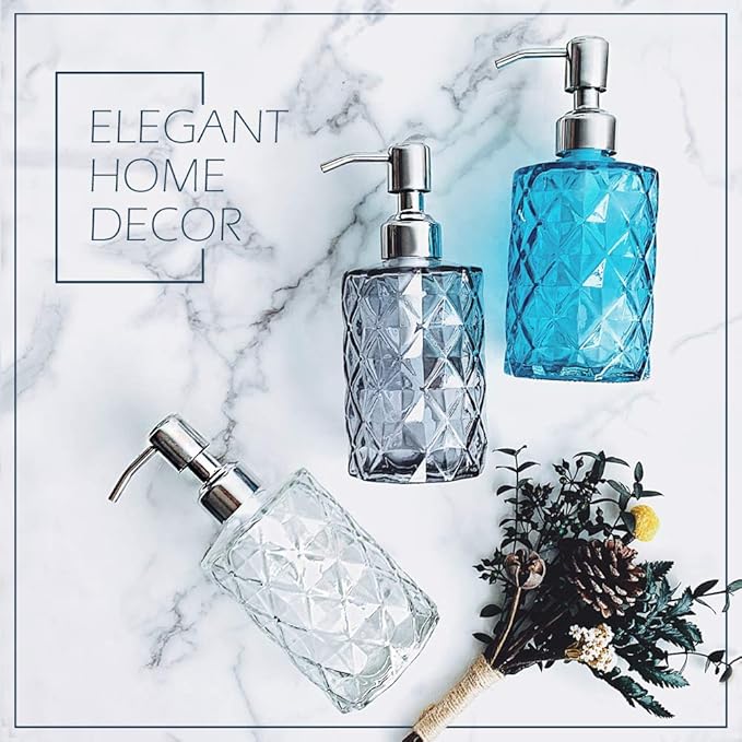 JASAI Diamond Design Soap Dispenser with 304 Rust Proof Stainless Steel Soap Pump, 12 Ounce Kitchen Soap Dispenser for Bathroom, Hand Soap, Dish Soap (Clear Blue).