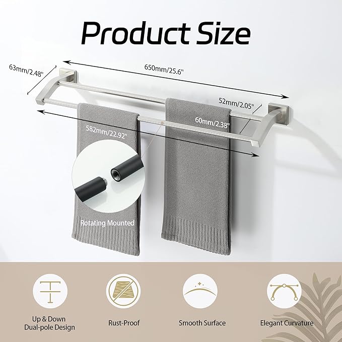 Alise Double Towel Bar, 24 Inch Towel Rack for Bathroom Wall Mounted, SUS304 Stainless Steel Bathroom Towel Holder Joining Process Towel Rail for Bathroom, Brushed Nickel
