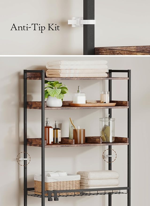 Quikraen 4 Tier Over The Toilet Storage Shelf with 3 Adjustable Shelves, Space Saver Bathroom Organizer with 4 Hooks, Freestanding Above Toilet Rack for Restroom Laundry (Brown)