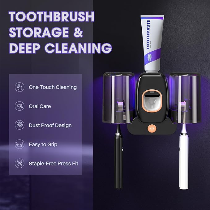 LXIANGN 3 in 1 Toothbrush Cleaner Holders,Rechargeable Wall Mounted Toothbrush Holder Toothpaste Dispenser Automatic 2 Cups Tooth Brush Holder for Bathroom, No Drilling, 4 Slots (Black)
