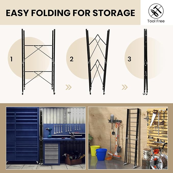 GOFLAME 5-Tier Folding Storage Shelves Set of 2, Adjustable Shelves with Wheels, Detachable Shelving Unit, Large Capacity, Storage Rack for Garage, Kitchen, Balcony, Living Room, Black