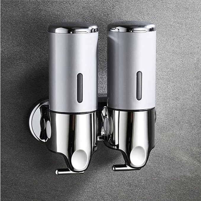 2 Chamber Wall Mounted Bathroom Shower Pump Dispenser and Organizer-Holds Shampoo, Soap, Conditioner, Shower Gel, for Bathroom Kitchen Hotel (Silver 2 Chamber)