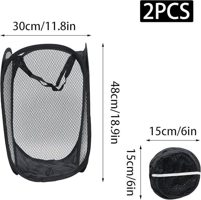 2Pcs Small Laundry Hampers, Folding Popup Mesh Laundry Basket, Collapsible Dirty Clothes Hamper, Portable Mesh Popup Hamper, Ideal for Bedroom, Travel and Home Use (2 Black)