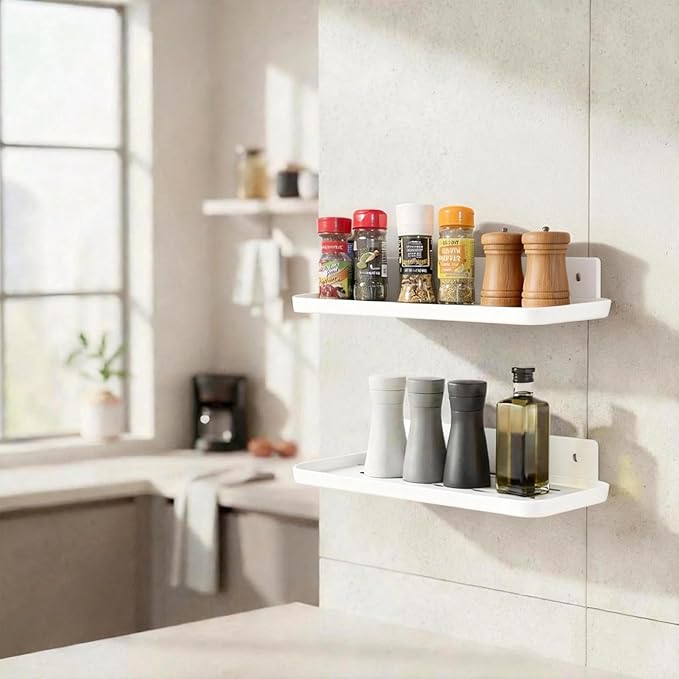 FAYYGYH Adhesive Floating Shelves No Drill Floating Shelf for Wall Storage Damage-Free Wall Mounted Organizer for Bathroom, Kitchen, Bedroom & Office (White, 2 PCS)