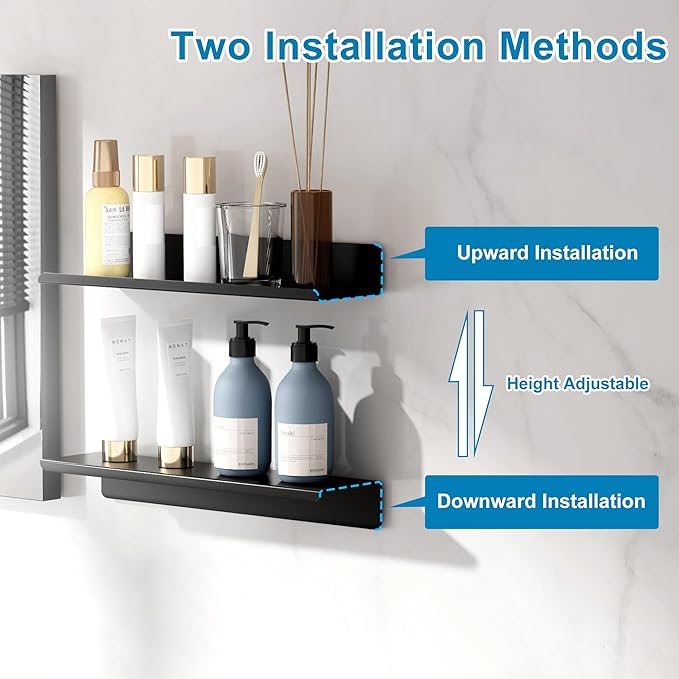 SAYAYO Black Floating Shelves for Wall Storage, 16 Inch Adhesive Wall Shelves for Bedroom Decor, Small Display Bathroom Shelf Organizer for Kitchen, Living Room, Office, 2pcs