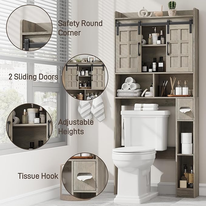 Halitaa Over The Toilet Storage Cabinet, Farmhouse Storage Cabinet Over Toilet with Sliding Doors，Home Space-Saving Toilet Rack, for Bathroom, Restroom, Laundry.Wash Grey