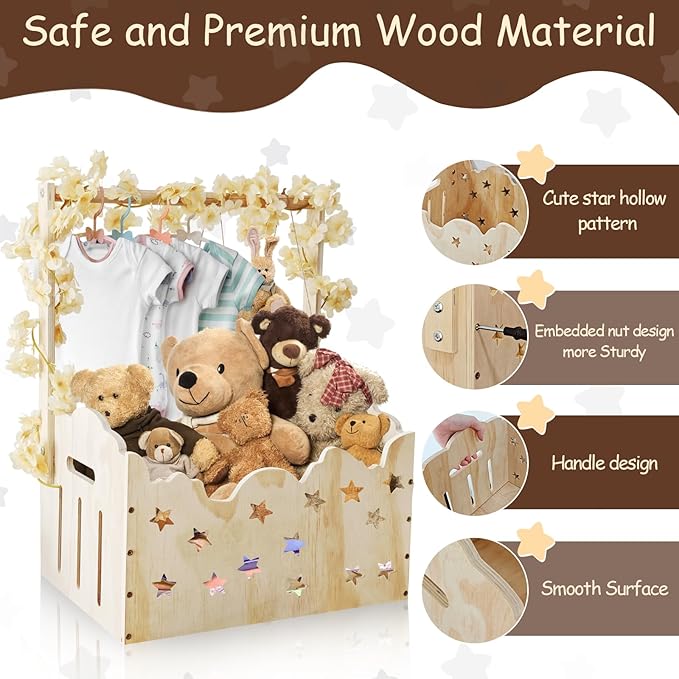 Wooden Baby Shower Crate Closet with Star Design, Hangers & Handle, Large Wooden Crate for Baby Shower Display, Newborn Welcome Basket, Nursery Storage & Decor Organizer