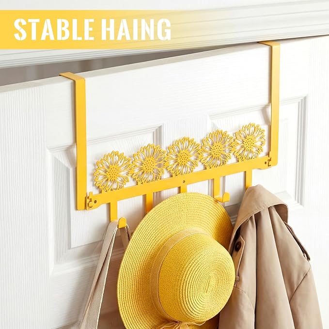 AceOrbit Sunflower Over the Door Hooks Coat Rack Wall Mounted Decorative Yellow Metal Hanger Sunflower Wall Art Decor Key Holder with 5 Hooks for Coat, Towel, Hat, Bag, Bathroom Home Kitchen Office
