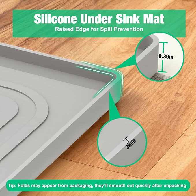 Aisslro Under Sink Mat 31" X 22", Waterproof Silicone Under Sink Mats for Kitchen, Anti-Leak Shelf Liner & Cabinet Protector with Raised Edge, [BPA Free] Bathroom Tray Home Organizer, Gray