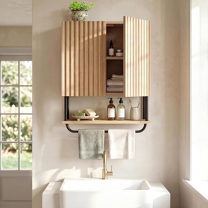FerniTry Modern Fluted Bathroom Wall Cabinet,3-Tier Curved Profile Wooden Medicine Cabinet with 2 Doors,Over the Toilet Storage Cabinet Wall Mounted with Adjustable Shelf and Towel Bar(Oak, Small)