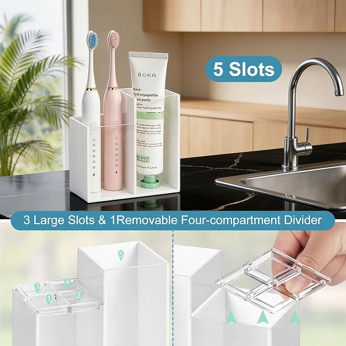 Acrylic Toothbrush Holders for Bathroom, 5 Slots Toothbrush and Toothpaste Storage Organizer Holder, Home Decor for Bathroom Accessories Organizer - White