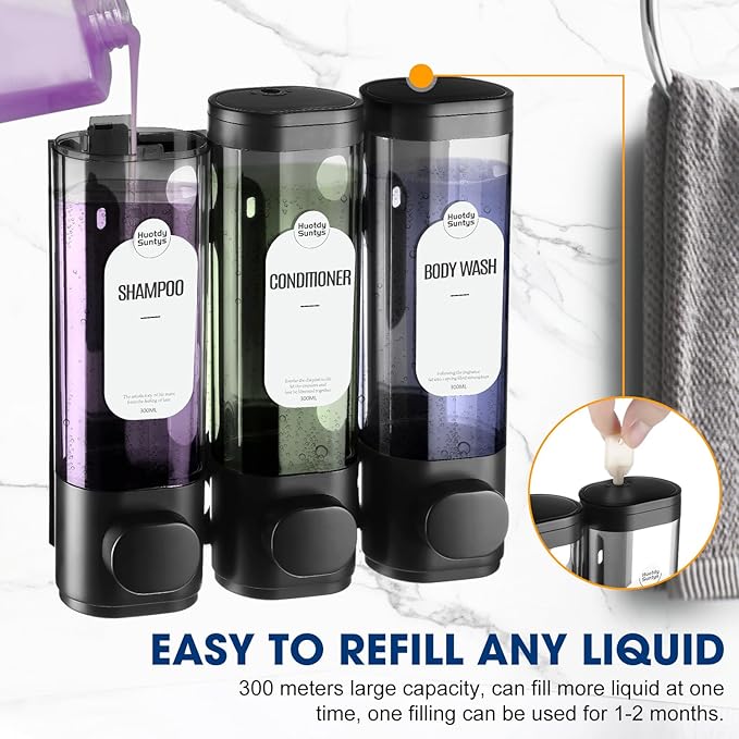 Shampoo and Conditioner Dispenser 3 Chamber No Drill – 300ml Each Container, Wall-Mounted Shower Soap Body Wash Dispenser for Bathroom, Toilet, Hotel & Kitchen (Black)