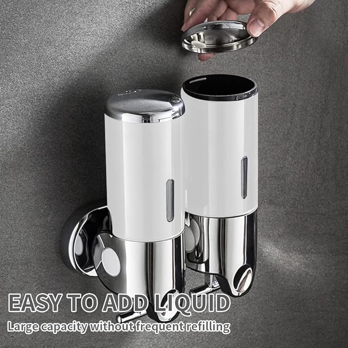 2 Chamber Wall Mounted Bathroom Shower Pump Dispenser and Organizer-Holds Shampoo, Soap, Conditioner, Shower Gel, for Bathroom Kitchen Hotel (White)