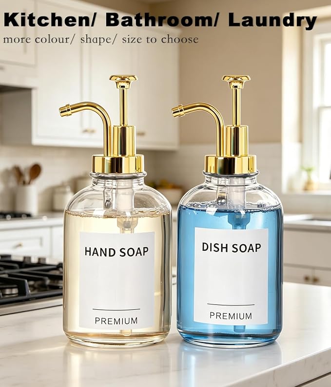 12oz Dish Soap Dispenser for Kitchen, Hand Glass Soap Dispenser Set with Pump, Tray, Funnel for Bathroom, Shower, Laundry, Liquid, Lotion (Gold 2 Pack Clear Bottles with 12 Stickers)