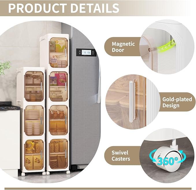 4-Tiers Slim Bathroom Storage Cabinet, Foldable Storage Cabinets,Narrow Bathroom Storage,Movable Bathroom Storage Organizer for Small Spaces,Bathroom,Kitchen,Laundry, Beige