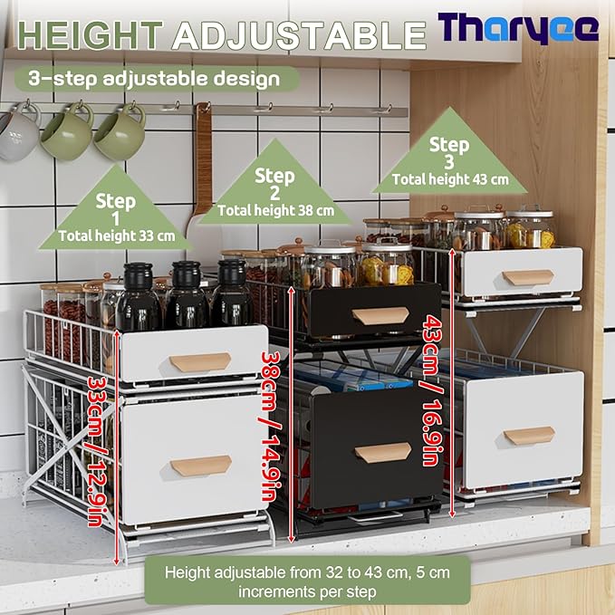 2 Tier Pull Out Pull out Cabinet Organizer with Adjustable Height, Under Sink Organizer, Slide out Pantry Shelves Drawer Storage for Kitchen Organization (Black, 2 Tier)