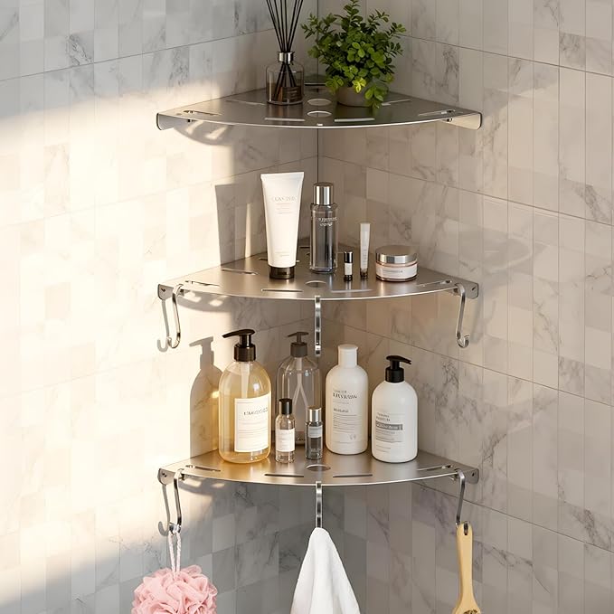 3 Pack Corner Shower Shelves, 304 Stainless Steel Corner Shelf Bathroom with 6 Hooks 40 lbs Heavy Duty, Durable for Inside Shower Brushed Nickel Drilling Installation（Silver