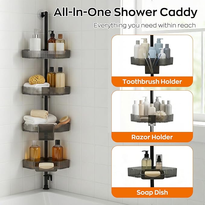 Corner Shower Caddy, Extendable Rustproof Shower Organizer Adjustable 4-Tier Bathroom Shelves Anti-Tipping Bathtub Shampoo Storage Floor Standing Bath Rack Shower Shelf with Soap Dish