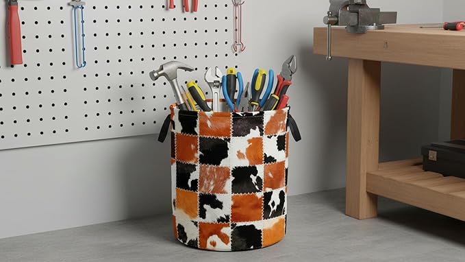 CLOCOR Round Collapsible Flat Storage Basket,Space-Saving Fabric Laundry Hamper for Clothes,Nursery Hamper,Gift Basket(Cowhide)