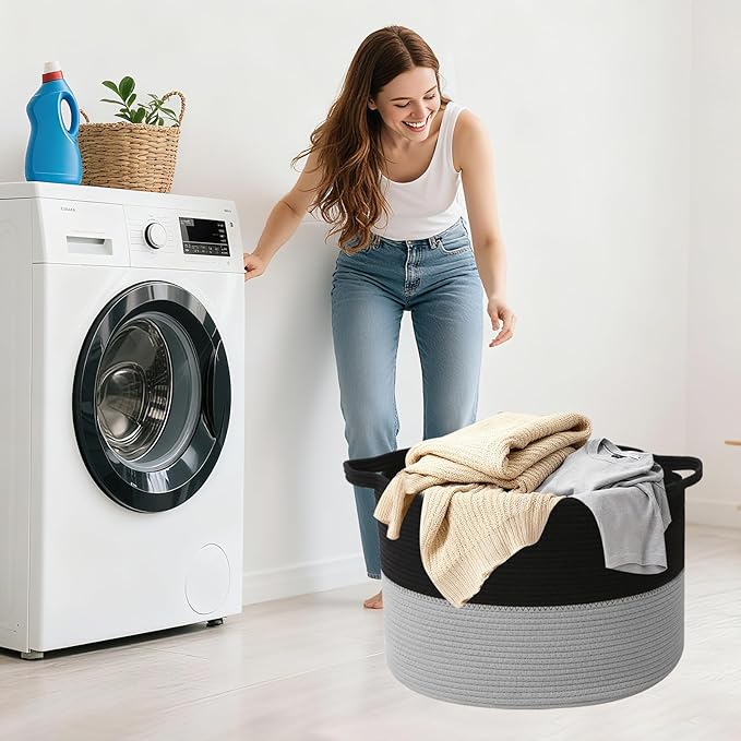 115L Large Blanket Basket,Woven Rope Laundry Basket Hamper with Handles, Decorative Nursery Basket Storage Bin for Toys, Clothes Organizer, Living Room, Bedroom, Bathroom, Black&Light Grey