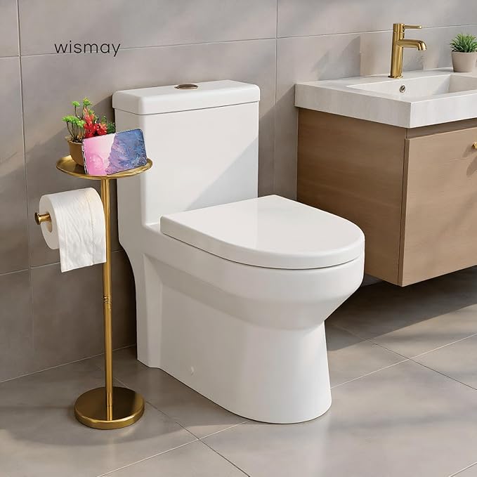 Toilet Paper Holder Stand Gold with Shelf on Top, Sturdy TP Roll Holder Floor Standing, Stainless Steel Base (Gold)
