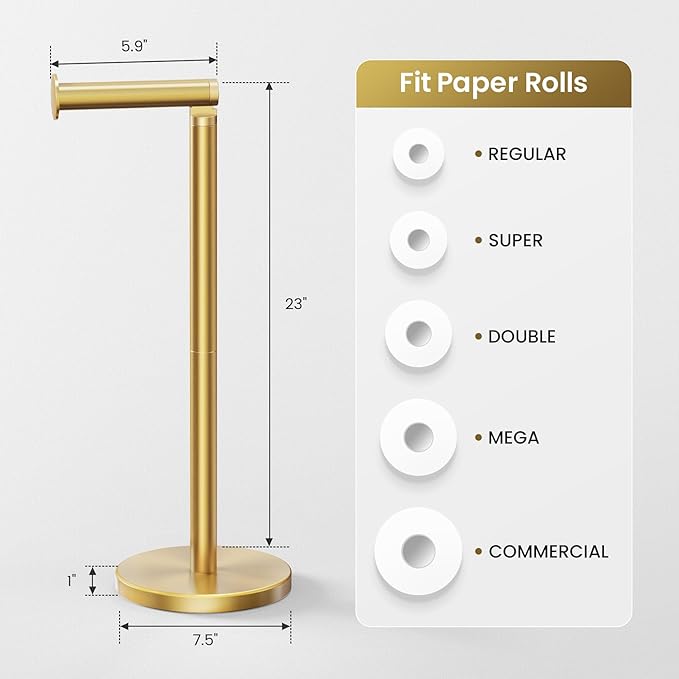Cesun Extra Weighted Base Toilet Paper Holder Stand - SUS304 Rust Proof Free Standing Tissue Roll Holder for 4 Rolls, No Tipping, No Slipping, Gold